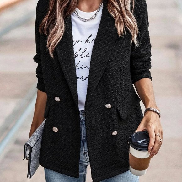 black tweed double breasted blazer chic classy business chic - Picture 5 of 5